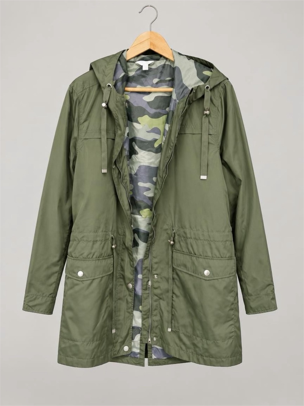 NWT Time and Tru Olive Utility Hooded Jacket with Camo Lining - XL